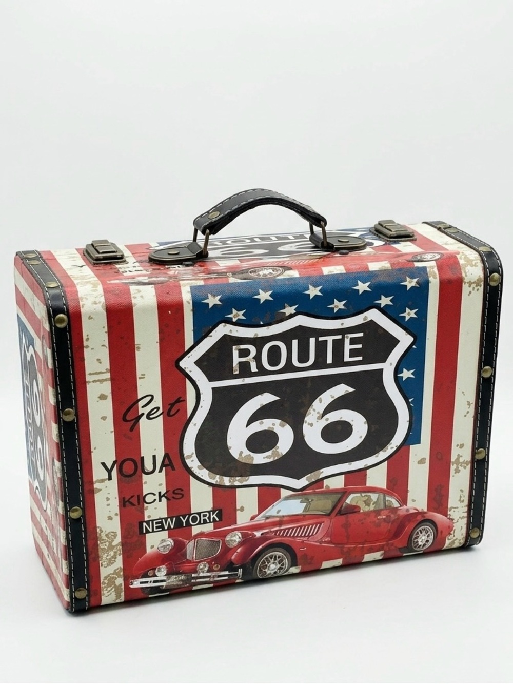 Route 66 Vintage Americana Decorative Suitcase Storage Trunk Box Red White Blue